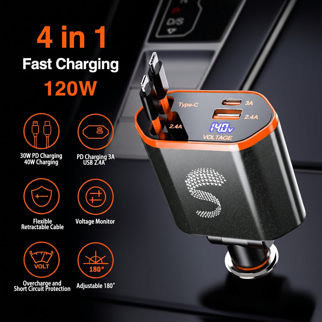 120W 4-in-1 Car Charger with Retractable Type-C Cables