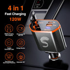 120W 4-in-1 Car Charger with Retractable Type-C Cables